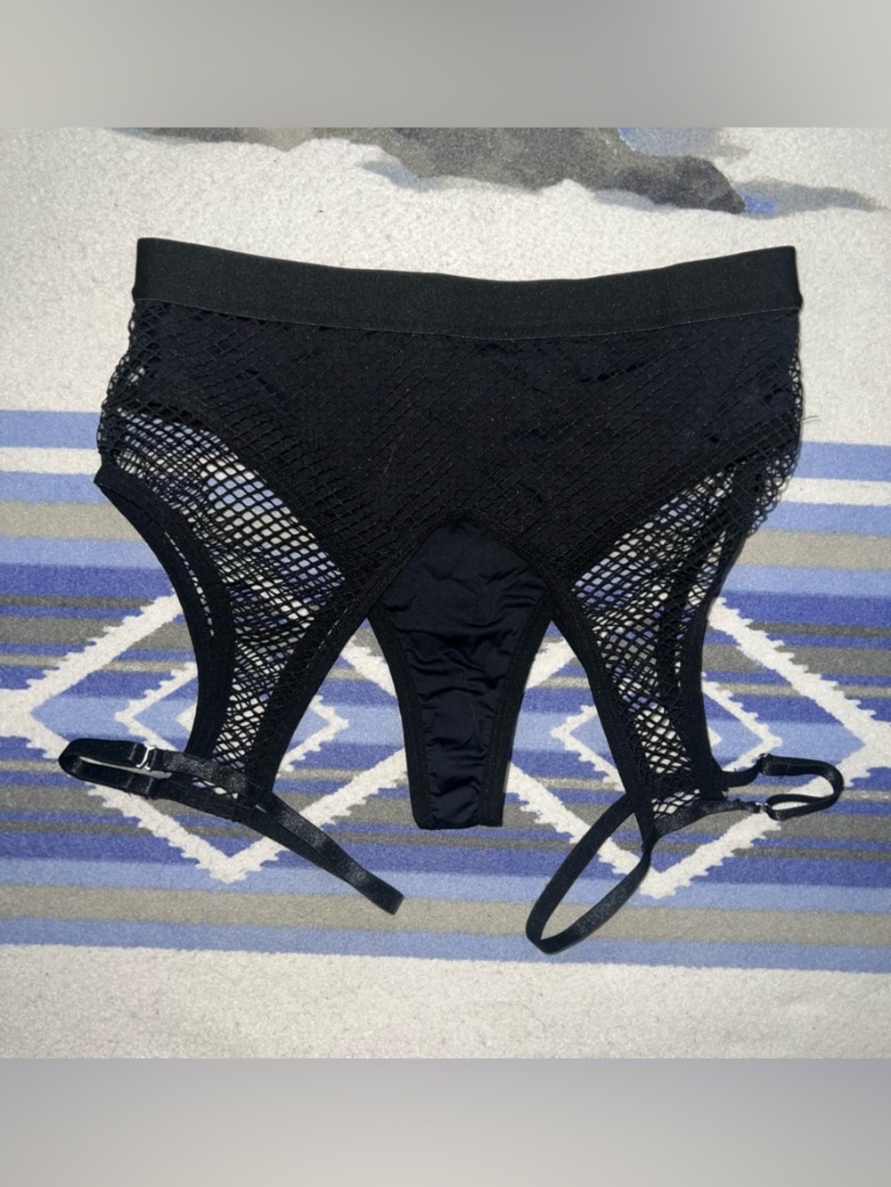 Black High Waisted Fishnet Garter Thong Bikini Bottoms Size S